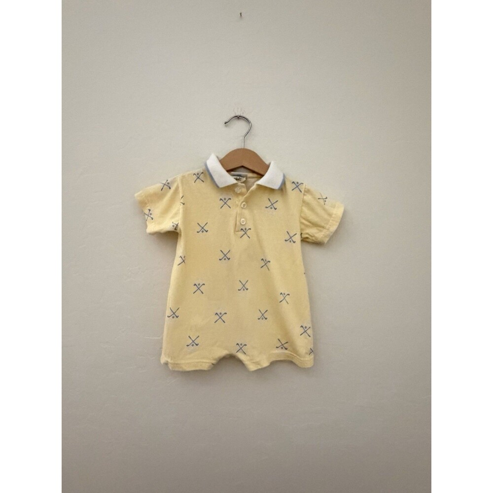 Hartstrings Vintage Baby Yellow Golf Print Polo Romper 12M Preppy Cotton USA